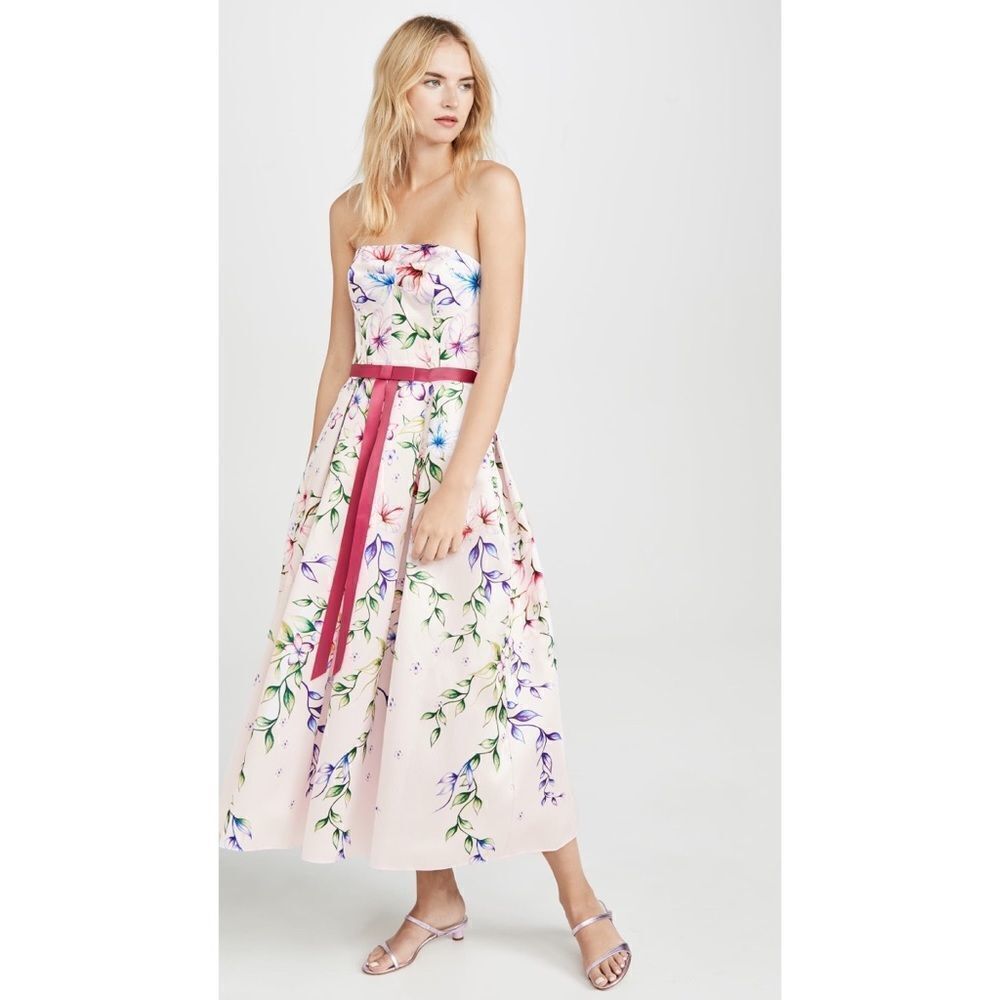 Marchesa Strapless Printed Mikado Corseted Dress US4